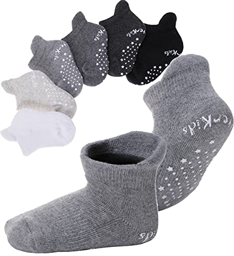 EBMORE Stoppersocken Kinder Baby Warme Antirutsch Dicke Socken für Jungen Kleinkinder Mädchen Anti Rutsch Baumwolle Geschenk Babysocken 6 Paar (Sortiertes Grau （6 Paare）,6-12 Monate) von EBMORE