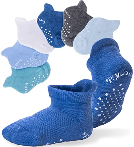 EBMORE Stoppersocken Kinder Baby Warme Antirutsch Dicke Socken für Jungen Kleinkinder Mädchen Anti Rutsch Baumwolle Geschenk Babysocken 6 Paar (Sortiertes Blau （6 Paare）,3-5 Jahre) von EBMORE