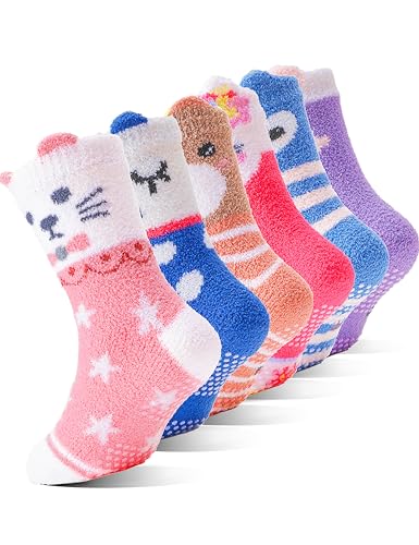 EBMORE Stoppersocken Kinder Kuschelsocken Mädchen Dicke Socken Warme Anti Rutsch Wintersocken Flauschige Bettsocken Geschenke Haussocken 6 Paare(Tier,29-34) von EBMORE