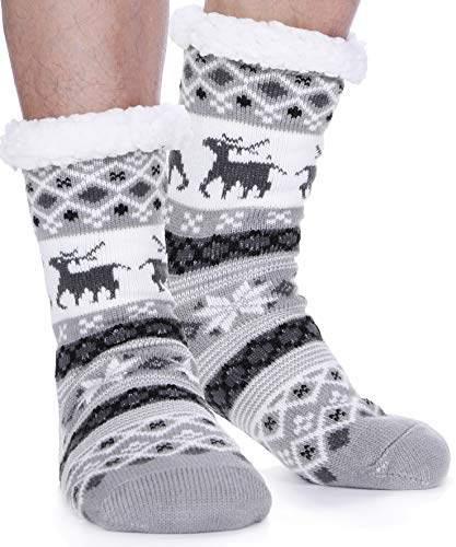 Kuschelsocken für Herren Dicke Stoppersocken Warme Wintersocken Hüttensocken Flauschig Weihnachtssocken Hausschuhe Geschenk Socken(Hellgrau Hirsch) von EBMORE