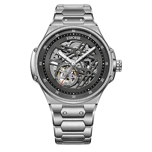 EBOHR Einzigartige Persönlichkeitsuhr für Herren, 21Jewell, mechanische schwarze Leuchtzeiger, Skelett-Design mit großem schwarzem Zifferblatt, leicht zu lesen, kreative Uhren, Silbernes von EBOHR