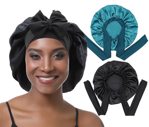 EBONNT 2 Stück Satin Bonnet Schlafhaube Verstellbare Silk Bonnet Seidenhaube Seide Locken Atmungsaktive Seide Schlafmütze Schlafen Weiche Satin Haube für Damen Mädchen (Green&Black) von EBONNT