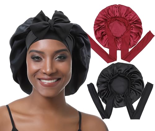 EBONNT 2 Stück Satin Bonnet Schlafhaube Verstellbare Silk Bonnet Seidenhaube Seide Locken Atmungsaktive Seide Schlafmütze Schlafen Weiche Satin Haube für Damen Mädchen (red&Black) von EBONNT