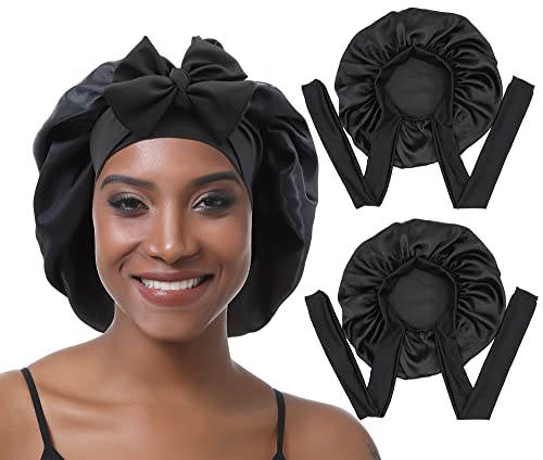 EBONNT 2 Stück Satin Bonnet Schlafhaube Verstellbare Silk Bonnet Seidenhaube Seide Locken Atmungsaktive Seide Schlafmütze Schlafen Weiche Satin Haube für Damen Mädchen von EBONNT