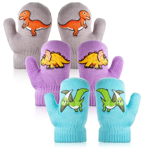 EBOOT 3 Paar Kleinkind Dinosaurier Kinder Handschuhe Winter Gestrickte Kinderhandschuhe Warme Skihandschuhe Unisex Baby Handschuhe für 1 bis 4 Jahre (Süß, Hellgrau, Lila, Hellgrün) von EBOOT