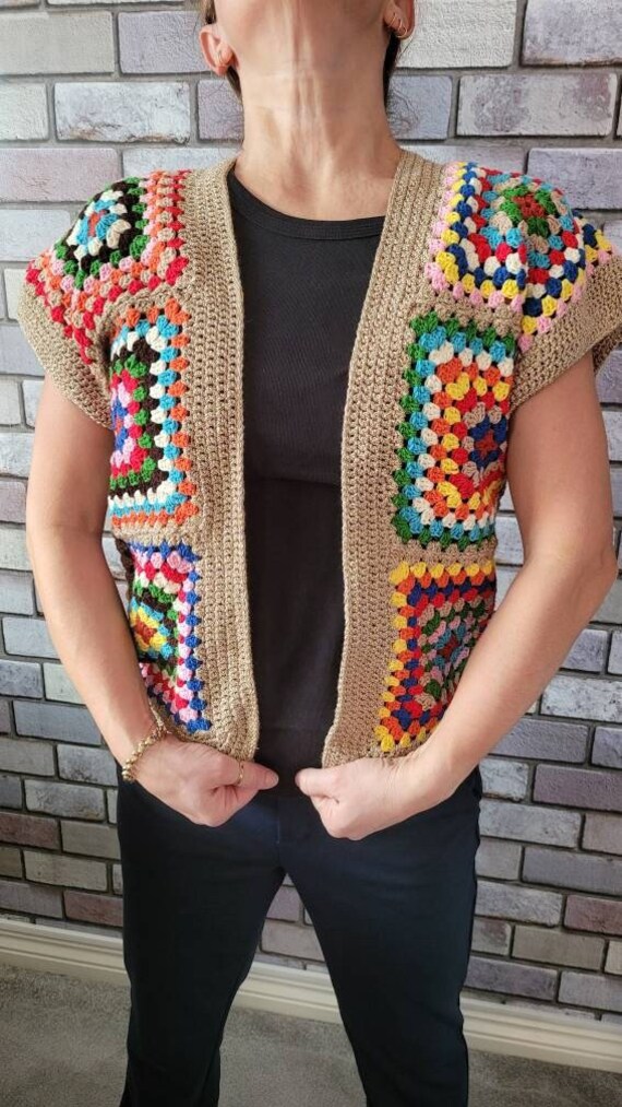 Bunte Häkellange Cardigan Oma Quadrat | Eu Größe 38/40/42 von EBRULITA