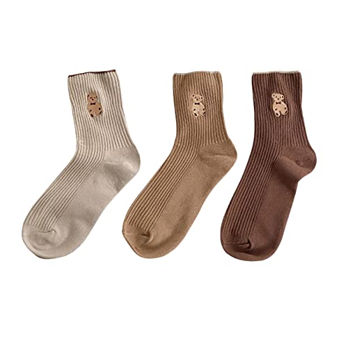 EBSBAG 3 Paar Lot Baumwolle Frauen Socken Set Bär Bestickt Kawaii INS Cartoon Mädchen Winter Sommer Niedlich Lässig Lang Korea Weich Weiß Pack (Color : L, Size : One Size) von EBSBAG