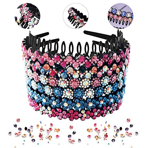 6er Pack Wave Strass Zähne Kamm Stirnbänder für Frauen, LUOLIPEYA Flower Crystal Haarband Haarbügel mit Zähnen rutschfestes Hartplastik 3 Muster (glänzend 6 Farben) von LUOLIPEYA