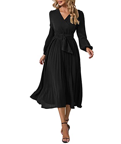 Damen Plissee Midi Kleid Langarm V-Ausschnitt Gürtel Weihnachten Krawatte Taille Lace Up A-Linie Chiffon Wrap Kleid BL-L von ECDAHICC