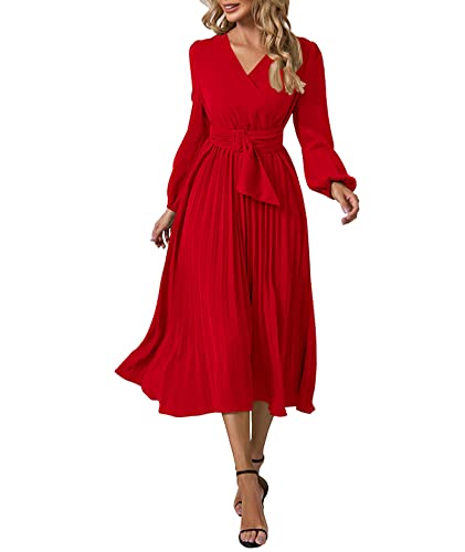 Damen Plissee Midi Kleid Langarm V-Ausschnitt Gürtel Weihnachten Krawatte Taille Lace Up A-Linie Chiffon Wrap Kleid RE-XL von ECDAHICC