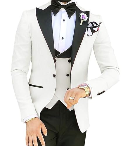 ECDAHICC Anzug Herren Slim Fit 3 Teilig Herren Anzug EIN Knopf Schal Revers für Hochzeit Prom Blazer Knopf für Männer Smoking Set(WH,M) von ECDAHICC