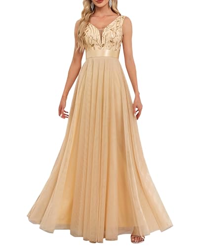 ECDAHICC Cocktailkleid Damen Abendkleider Elegant für Hochzeit Kleid Tüll Bestickte Lange Abendkleid Ärmellos V-Ausschnitt Partykleid GO-XL von ECDAHICC
