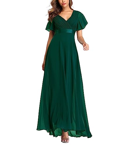 ECDAHICC Damen Abendkleider Gürtel A-Linie Chiffon Brautjungfernkleid V-Ausschnitt Elegant Lang Ballkleid(GR,XL) von ECDAHICC