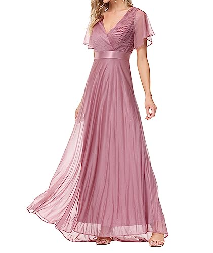 ECDAHICC Damen Abendkleider Gürtel A-Linie Chiffon Brautjungfernkleid V-Ausschnitt Elegant Lang Ballkleid(HP,S) von ECDAHICC
