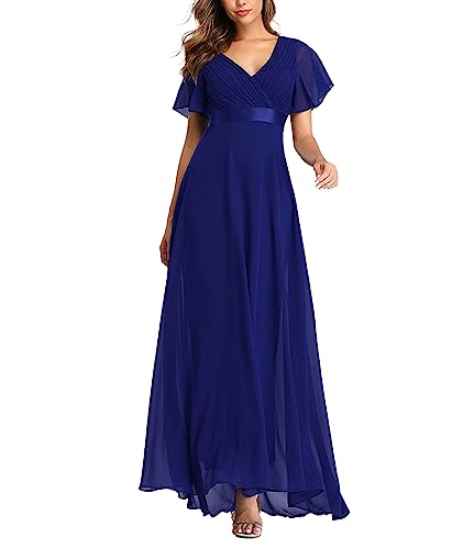 ECDAHICC Damen Abendkleider Gürtel V-Ausschnitt Hohe Taille A-Linie Chiffon Brautjungfernkleid Elegant Lang Ballkleid(BE,S) von ECDAHICC