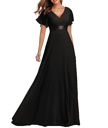 ECDAHICC Damen Abendkleider Gürtel V-Ausschnitt Hohe Taille A-Linie Chiffon Brautjungfernkleid Elegant Lang Ballkleid(BL,M) von ECDAHICC