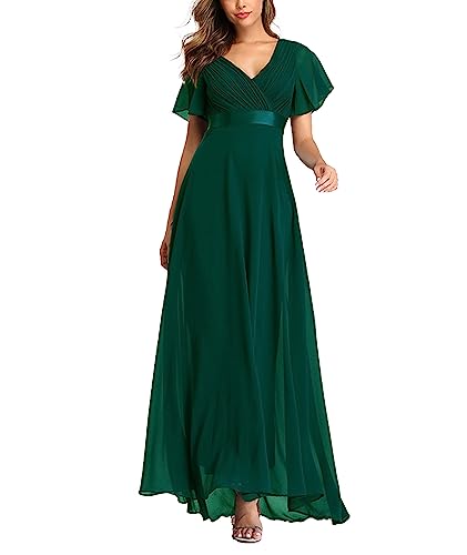ECDAHICC Damen Abendkleider Gürtel V-Ausschnitt Hohe Taille A-Linie Chiffon Brautjungfernkleid Elegant Lang Ballkleid(GR,M) von ECDAHICC