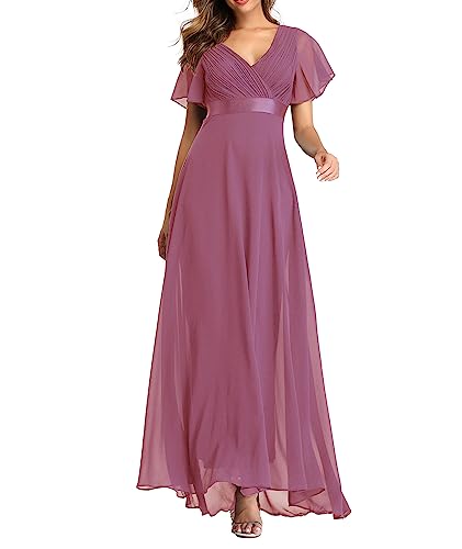 ECDAHICC Damen Abendkleider Gürtel V-Ausschnitt Hohe Taille A-Linie Chiffon Brautjungfernkleid Elegant Lang Ballkleid(PE,L) von ECDAHICC