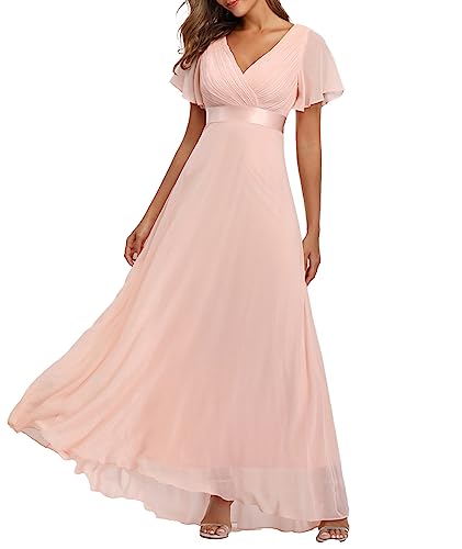 ECDAHICC Damen Abendkleider Gürtel V-Ausschnitt Hohe Taille A-Linie Chiffon Brautjungfernkleid Elegant Lang Ballkleid(PI,L) von ECDAHICC