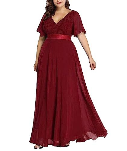 ECDAHICC Damen Abendkleider Gürtel V-Ausschnitt Hohe Taille A-Linie Chiffon Brautjungfernkleid Elegant Lang Ballkleid(WR,M) von ECDAHICC