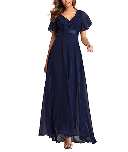 ECDAHICC Damen Abendkleider Gürtel V-Ausschnitt Hohe Taille A-Linie Chiffon Brautjungfernkleid Elegant Lang Ballkleid(ZQ,M) von ECDAHICC