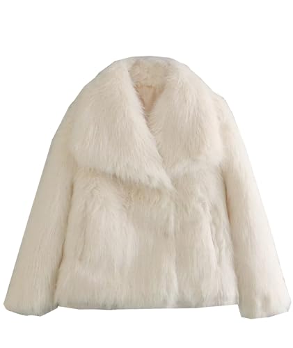 ECDAHICC Damen Breite Lapel Faux Pelz Shaggy Pelzmantel Offene Front Button Down Flauschig Kurze Jacke Oberbekleidung mit Taschen(WH,3XL) von ECDAHICC