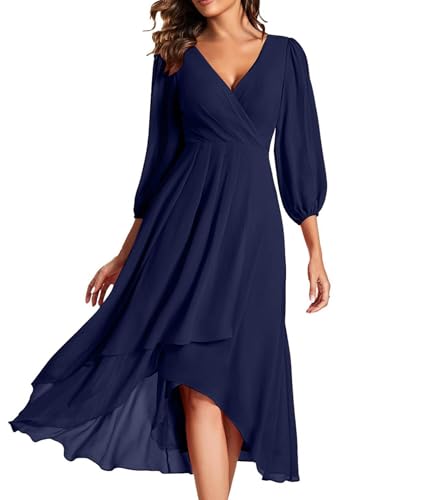 ECDAHICC Damen Casual Chiffon Kleid V-Ausschnitt High Waisted A-Linie Midikleid 3/4 Ärmel Swing Sommerkleid(ZQ,M) von ECDAHICC