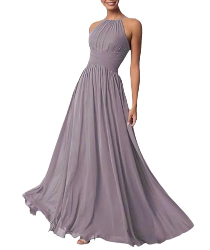 ECDAHICC Damen Chiffon Neckholder Abendkleider Elegant für Hochzeit Lang Brautjungfernkleid Ärmelloses A Linie Plissee Slim Fit Kleid DP-M von ECDAHICC