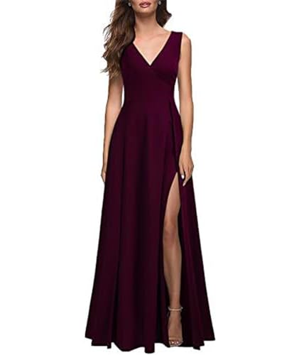 ECDAHICC Damen Elegant A-Linie Kleid Sexy V-Ausschnitt Ärmellos High Split Kleid Bankett Party Kleid Hochzeitsgast Brautjungfernkleid WR-M von ECDAHICC