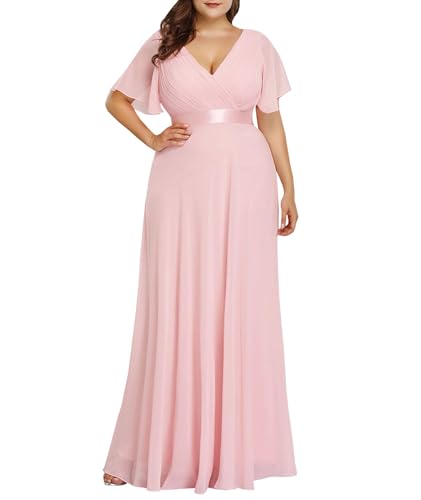 ECDAHICC Damen Elegant Chiffon Abendkleider V-Ausschnitt Kurzarm Hohe Taille A-Linie Brautjungfernkleid Lang Ballkleid(PI,XL) von ECDAHICC