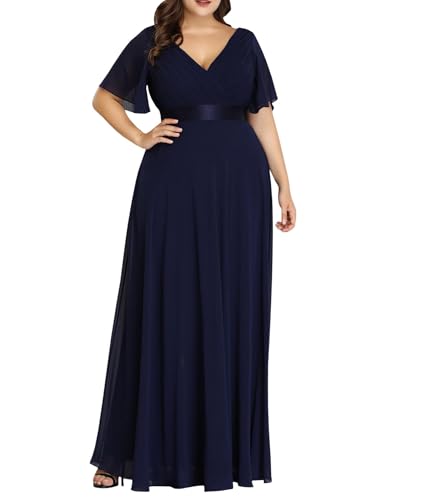 ECDAHICC Damen Elegant Chiffon Abendkleider V-Ausschnitt Kurzarm Hohe Taille A-Linie Brautjungfernkleid Lang Ballkleid(ZQ,2XL) von ECDAHICC