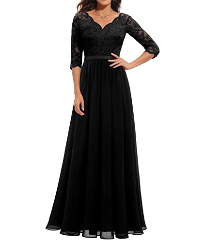 ECDAHICC Damen Elegant Spitze Rüschen Maxikleid V-Ausschnitt Kurze Ärmel Hohe Taille Brautjungfernkleid Langes Abendkleid BL1-L von ECDAHICC