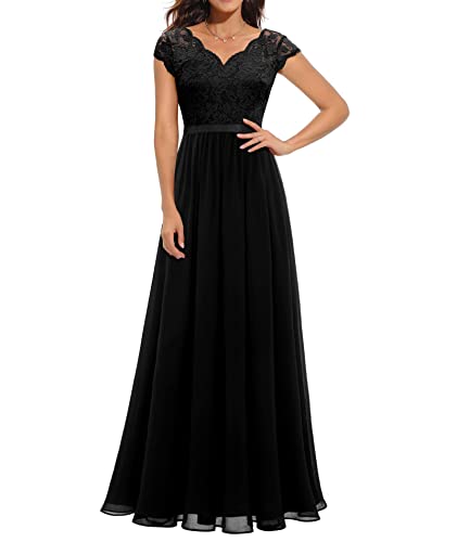 ECDAHICC Damen Elegant Spitze Rüschen Maxikleid V-Ausschnitt Kurze Ärmel Hohe Taille Brautjungfernkleid Langes Abendkleid BL2-M von ECDAHICC