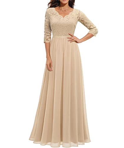 ECDAHICC Damen Elegant Spitze Rüschen Maxikleid V-Ausschnitt Kurze Ärmel Hohe Taille Brautjungfernkleid Langes Abendkleid CE1-M von ECDAHICC