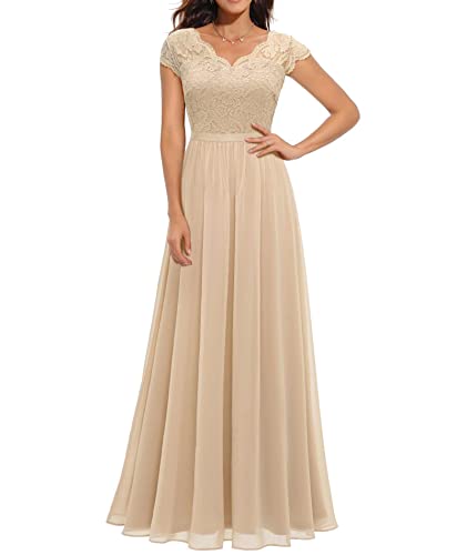 ECDAHICC Damen Elegant Spitze Rüschen Maxikleid V-Ausschnitt Kurze Ärmel Hohe Taille Brautjungfernkleid Langes Abendkleid CE2-L von ECDAHICC