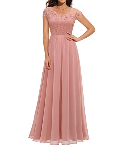 ECDAHICC Damen Elegant Spitze Rüschen Maxikleid V-Ausschnitt Kurze Ärmel Hohe Taille Brautjungfernkleid Langes Abendkleid PI2-M von ECDAHICC