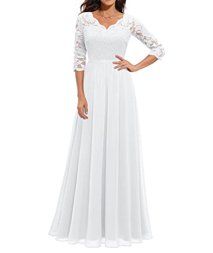 ECDAHICC Damen Elegant Spitze Rüschen Maxikleid V-Ausschnitt Kurze Ärmel Hohe Taille Brautjungfernkleid Langes Abendkleid WH1-S von ECDAHICC