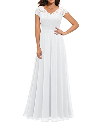 ECDAHICC Damen Elegant Spitze Rüschen Maxikleid V-Ausschnitt Kurze Ärmel Hohe Taille Brautjungfernkleid Langes Abendkleid WH2-XL von ECDAHICC