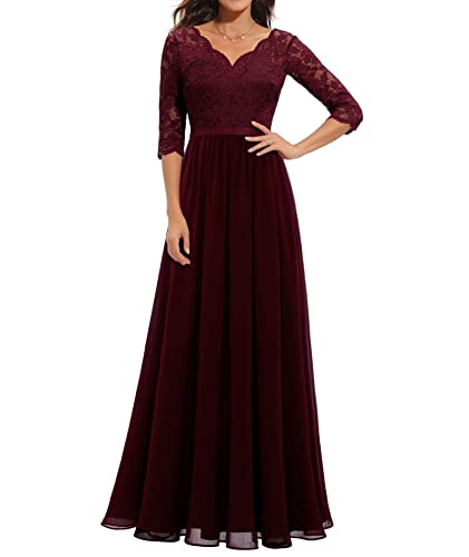 ECDAHICC Damen Elegant Spitze Rüschen Maxikleid V-Ausschnitt Kurze Ärmel Hohe Taille Brautjungfernkleid Langes Abendkleid WR1-S von ECDAHICC