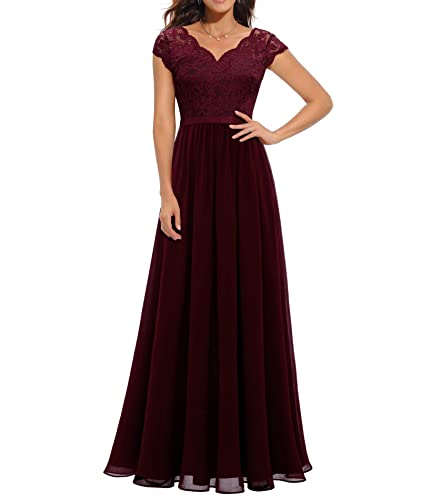 ECDAHICC Damen Elegant Spitze Rüschen Maxikleid V-Ausschnitt Kurze Ärmel Hohe Taille Brautjungfernkleid Langes Abendkleid WR2-L von ECDAHICC