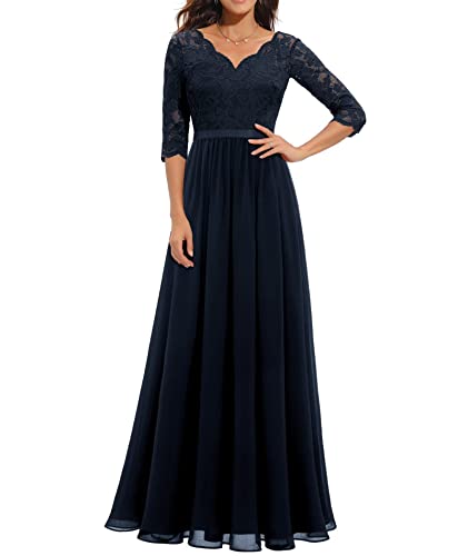 ECDAHICC Damen Elegant Spitze Rüschen Maxikleid V-Ausschnitt Kurze Ärmel Hohe Taille Brautjungfernkleid Langes Abendkleid ZQ1-L von ECDAHICC