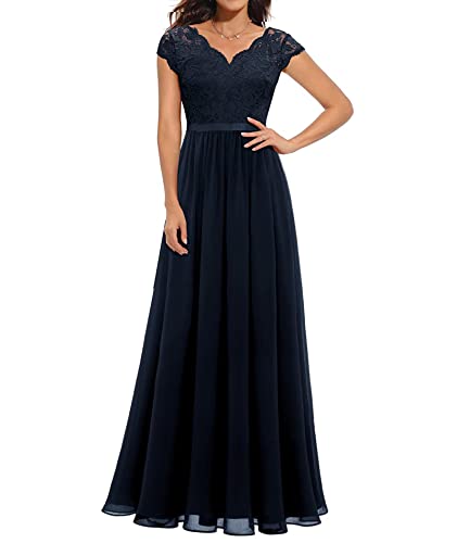 ECDAHICC Damen Elegant Spitze Rüschen Maxikleid V-Ausschnitt Kurze Ärmel Hohe Taille Brautjungfernkleid Langes Abendkleid ZQ2-S von ECDAHICC