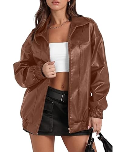 ECDAHICC Damen Herbst Mode Kunstleder Jacke Oversized Motorrad Bomberjacke Lederjacke für Damen Winterbekleidung BR-XL von ECDAHICC