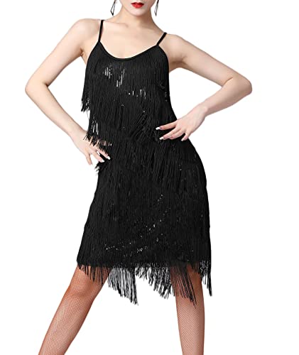 ECDAHICC Damen Kleider Flapper Kleider 20er Jahre Gatsby mit Allover Fransen Minikleider, Pailletten-Schwarz2, Mittel von ECDAHICC