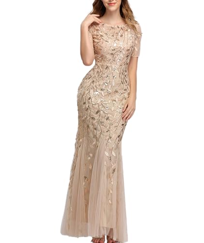 ECDAHICC Damen Rundhalsausschnitt Boden Länge Paillette bestickte Abendkleid kurzärmelige Party Tanz Brautjungfer Kleid Funkelnde Meerjungfrau Chiffon transparentes Kleid GO-XL von ECDAHICC