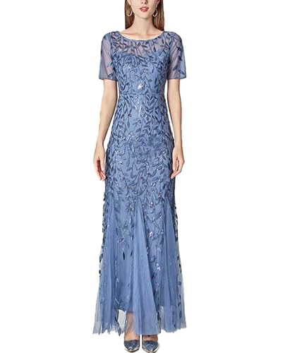 ECDAHICC Damen Rundhalsausschnitt Boden Länge Paillette bestickte Abendkleid kurzärmelige Party Tanz Brautjungfer Kleid Funkelnde Meerjungfrau Chiffon transparentes Kleid LB-2XL von ECDAHICC
