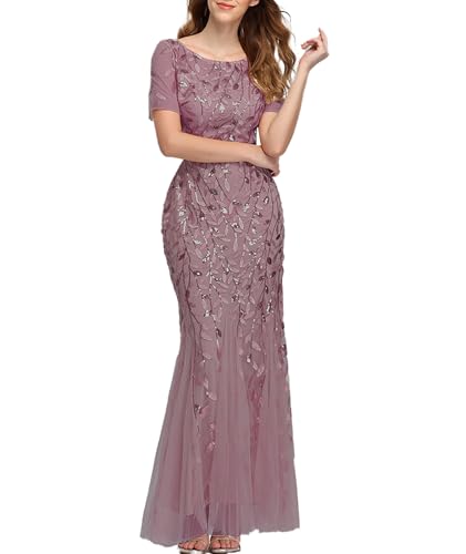 ECDAHICC Damen Rundhalsausschnitt Boden Länge Paillette bestickte Abendkleid kurzärmelige Party Tanz Brautjungfer Kleid Funkelnde Meerjungfrau Chiffon transparentes Kleid PI-2XL von ECDAHICC