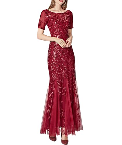 ECDAHICC Damen Rundhalsausschnitt Boden Länge Paillette bestickte Abendkleid kurzärmelige Party Tanz Brautjungfer Kleid Funkelnde Meerjungfrau Chiffon transparentes Kleid WR-L von ECDAHICC