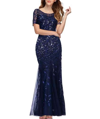 ECDAHICC Damen Rundhalsausschnitt Boden Länge Paillette bestickte Abendkleid kurzärmelige Party Tanz Brautjungfer Kleid Funkelnde Meerjungfrau Chiffon transparentes Kleid ZQ-M von ECDAHICC