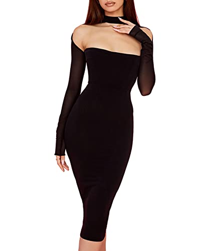 ECDAHICC Damen Sexy Langarm Mesh Korsett Off Schulter Ausschnitt Bodycon Midi Kleider Cocktail Abend Party Formales Kleid (BL,M) von ECDAHICC